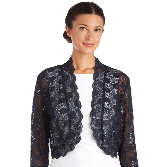 R & M Richards Scalloped Sequin Lace Black Bolero - Picture 1 of 16